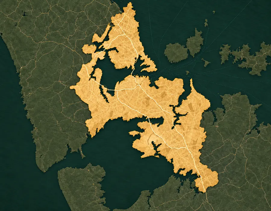 Illustrated map of Auckland around the Waitematā and Manukau harbours.