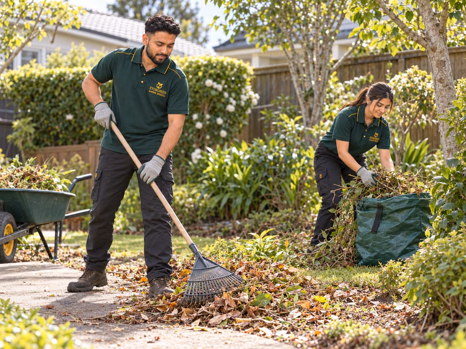 Two gardeners raking leaves and collecting garden waste