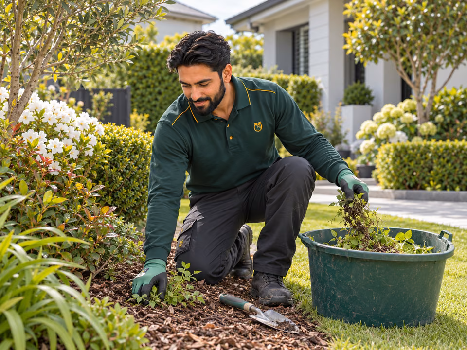 Gardener wearing gloves hand-weeding a garden bed