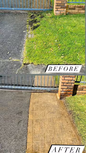 Before and after photos of a cleaned driveway and kerb