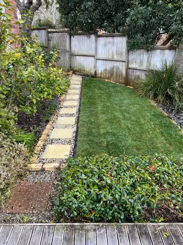 Stepping stones through a garden with low ground cover