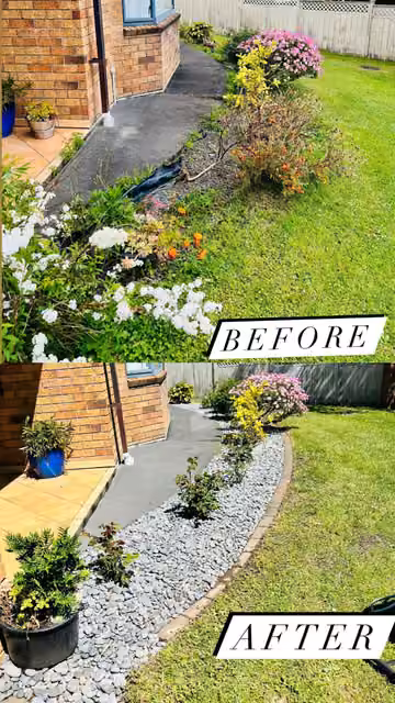 Before and after photos of planted borders beside a front garden path