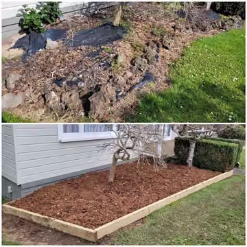Customer before and after photos of garden bed edging and mulch